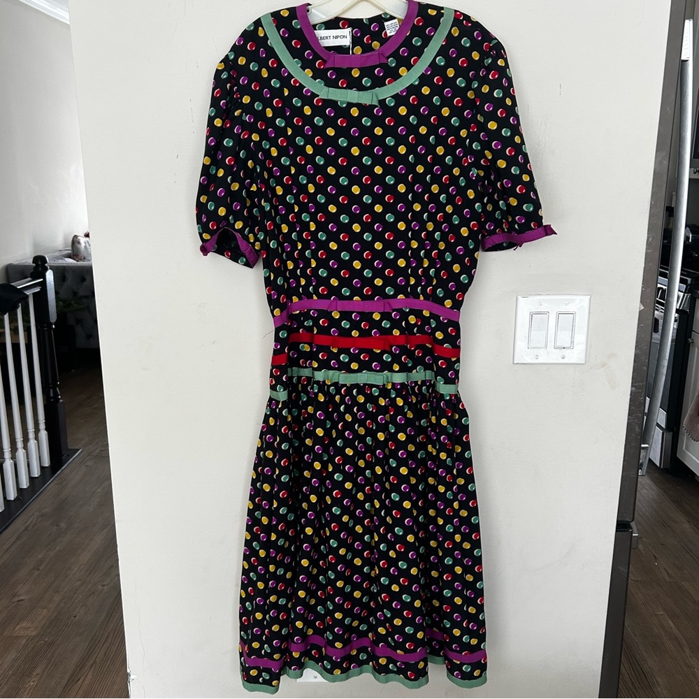 Vintage Albert Nipon Black Dress Colorful polka Dots back buttons retro Size 12.